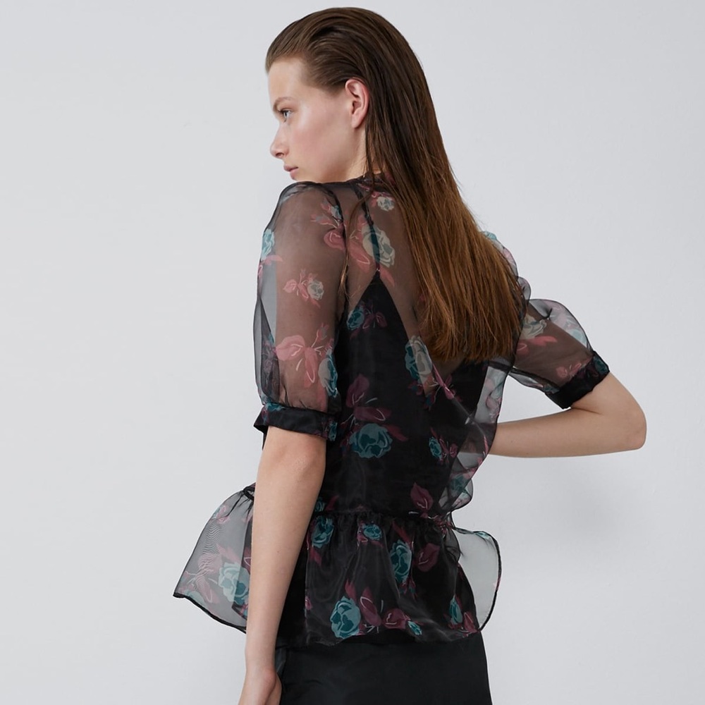 Zara PRINTED ROSE ORGANZA SEMI-SHEER BLOUSE PEPLUM - Picture 5 of 8